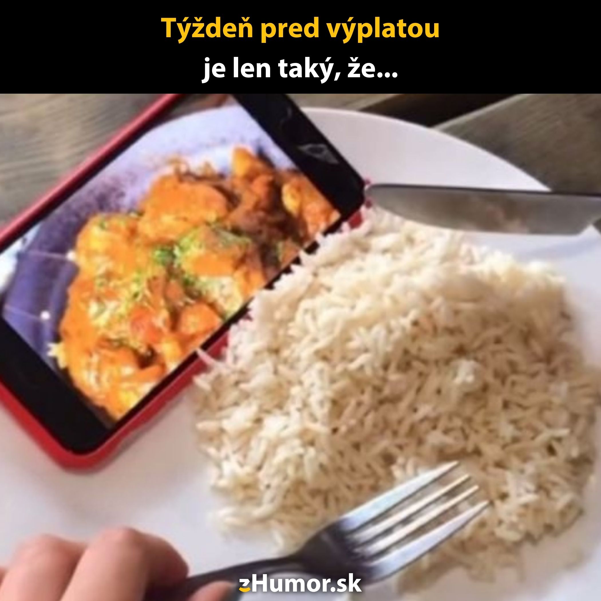 Tanier s ryžou a obrázok jedla na mobile, týždeň pred výplatou peňaženka prázdna.