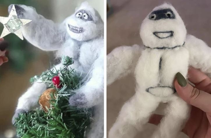Niečo sa pokazilo: Ručne vyrobený yeti z plsti vedľa referenčného obrázka vianočnej ozdoby.