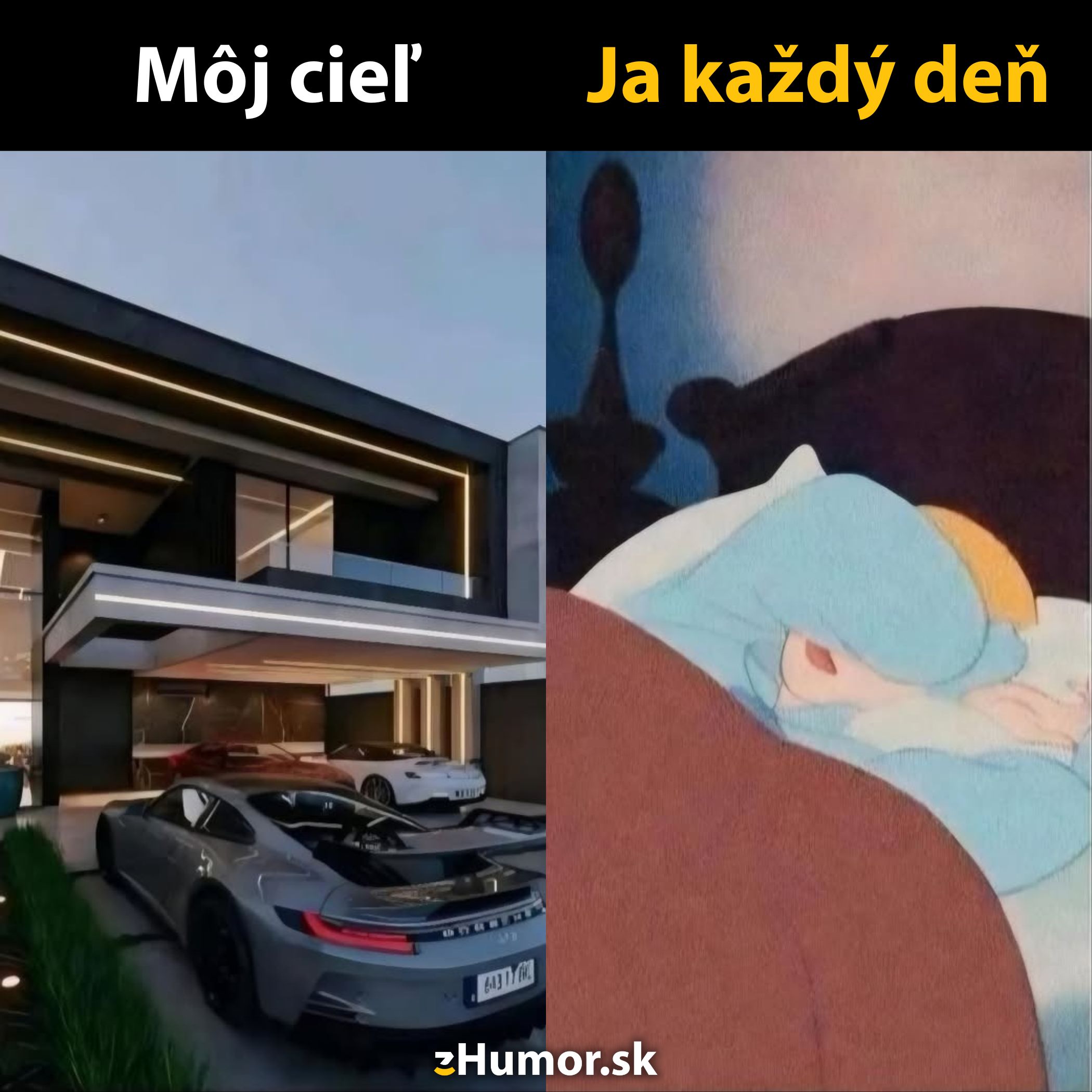 Môj cieľ: moderný dom s autami; Ja každý deň: spím v posteli, haha kontrast cieľov a reality.