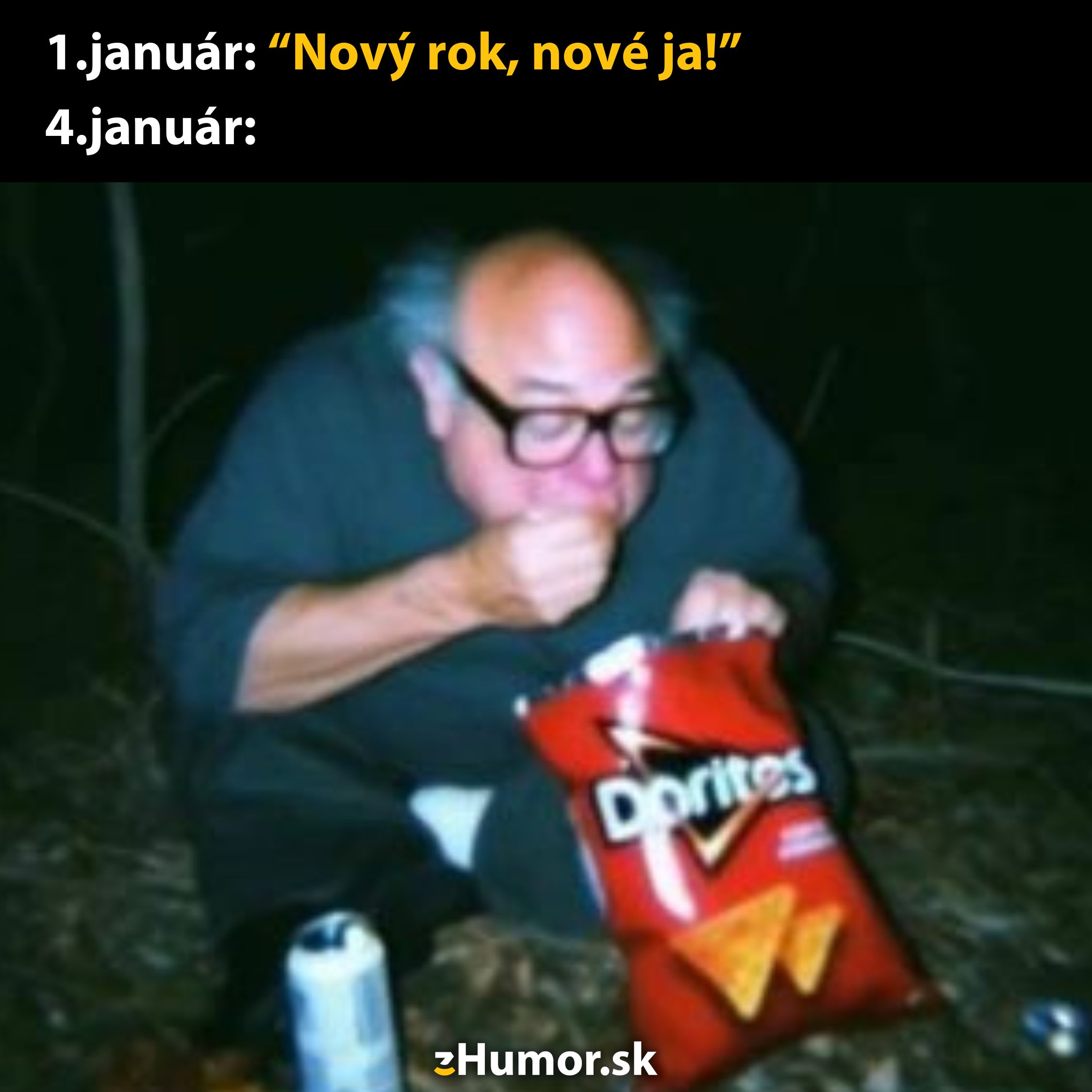 1. január: Nový rok, nové ja! 4. január: muž s čipsami, realita novoročných predsavzatí.
