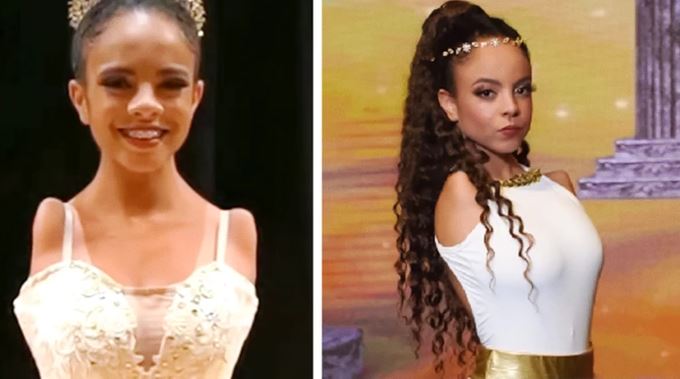 Dve mladé ženy v elegantných outfitoch pózujú počas tanečného vystúpenia; usmievajúca tvár a sebaistota.