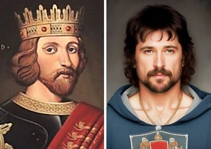 Dva portréty mužov vedľa seba: historický obraz kráľa a moderný muž s podobným vzhľadom v mikine s kapucňou.
