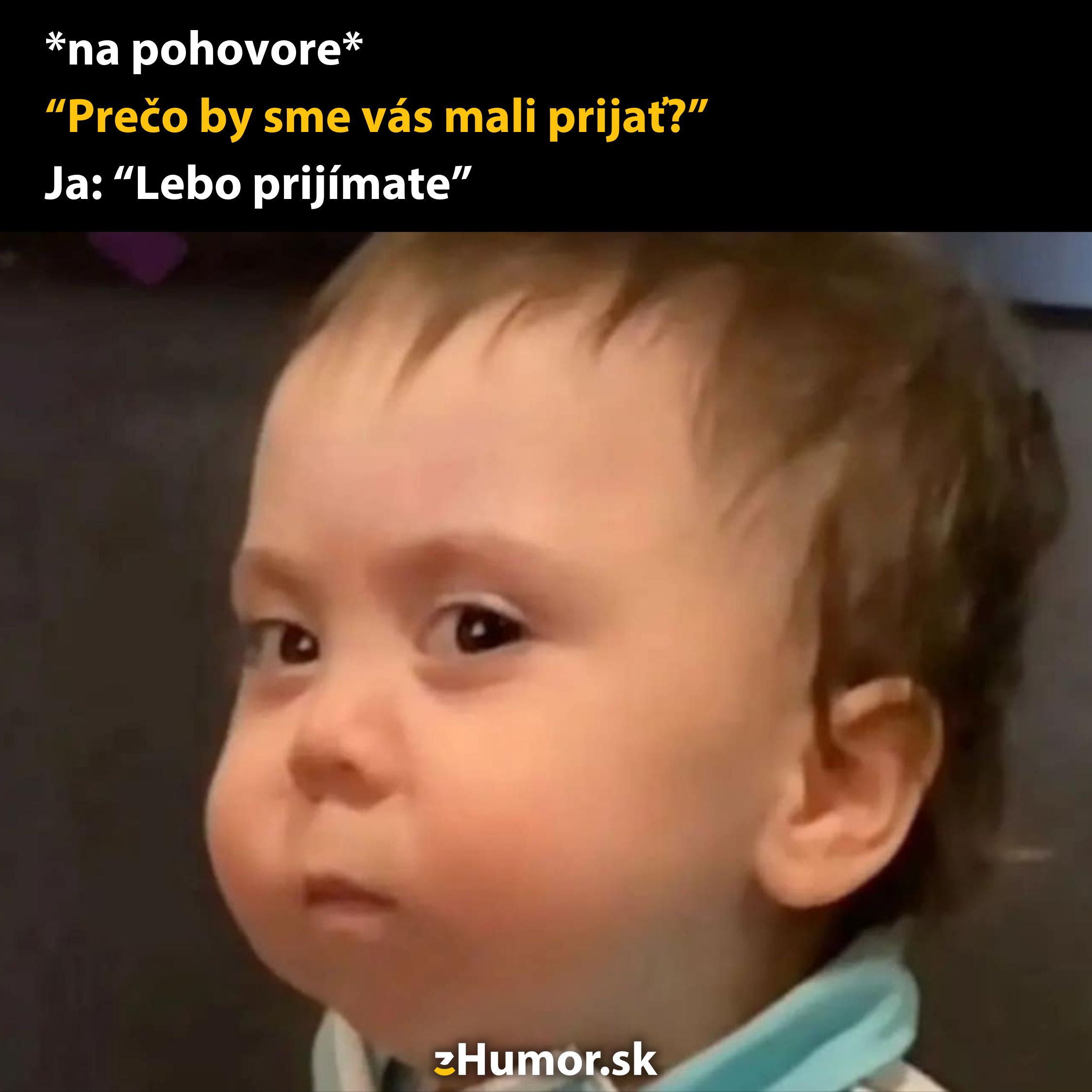 Detská reakcia na záludnú otázku na pohovore s vtipným komentárom.
