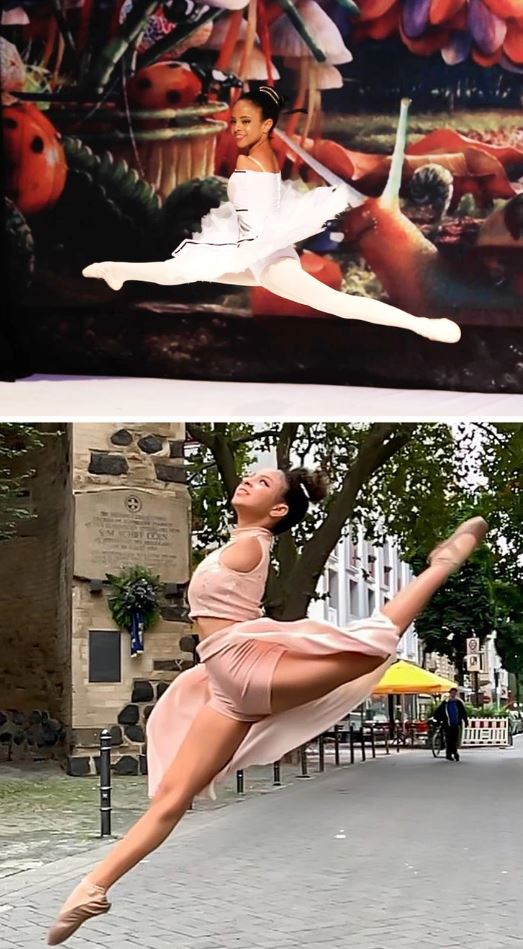 Balerína v skoku na scéne a na ulici, elegantný pohyb, kreatívne pozadie aj mestské prostredie.
