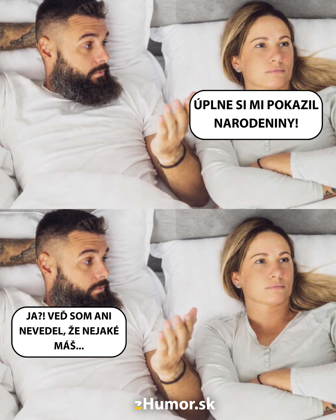 Pár v posteli sa háda o zabudnutých narodeninách, muž prekvapene odpovedá.