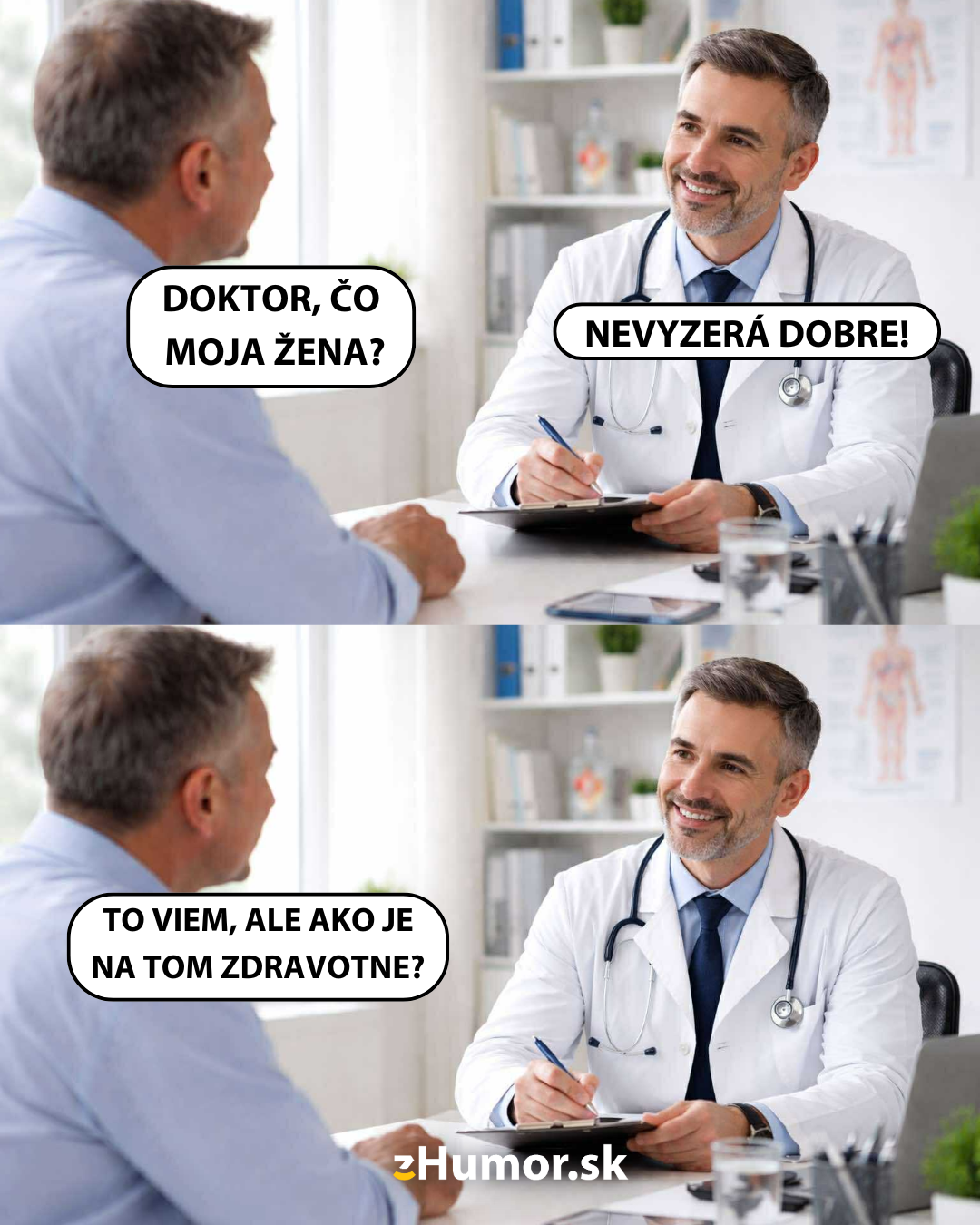 Pacient sa pýta lekára na stav jeho ženy. Komický rozhovor s nedorozumením.