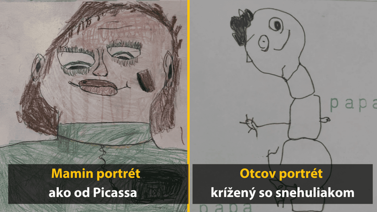 Detské kresby: Mamin portrét inšpirovaný Picassom a otcova karikatúra pripomínajúca snehuliaka.