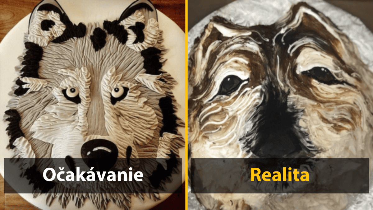 Očakávanie vs. realita: Dva koláče v tvare vlka, jeden detailný a druhý menej presný, porovnanie výsledkov pečenia.