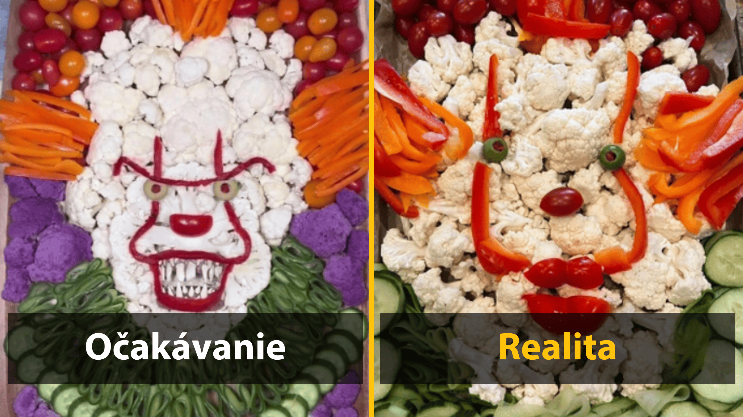 Koláž zeleninových tvárí klauna: vľavo očakávanie, vpravo realita s paprikami a karfiolom.