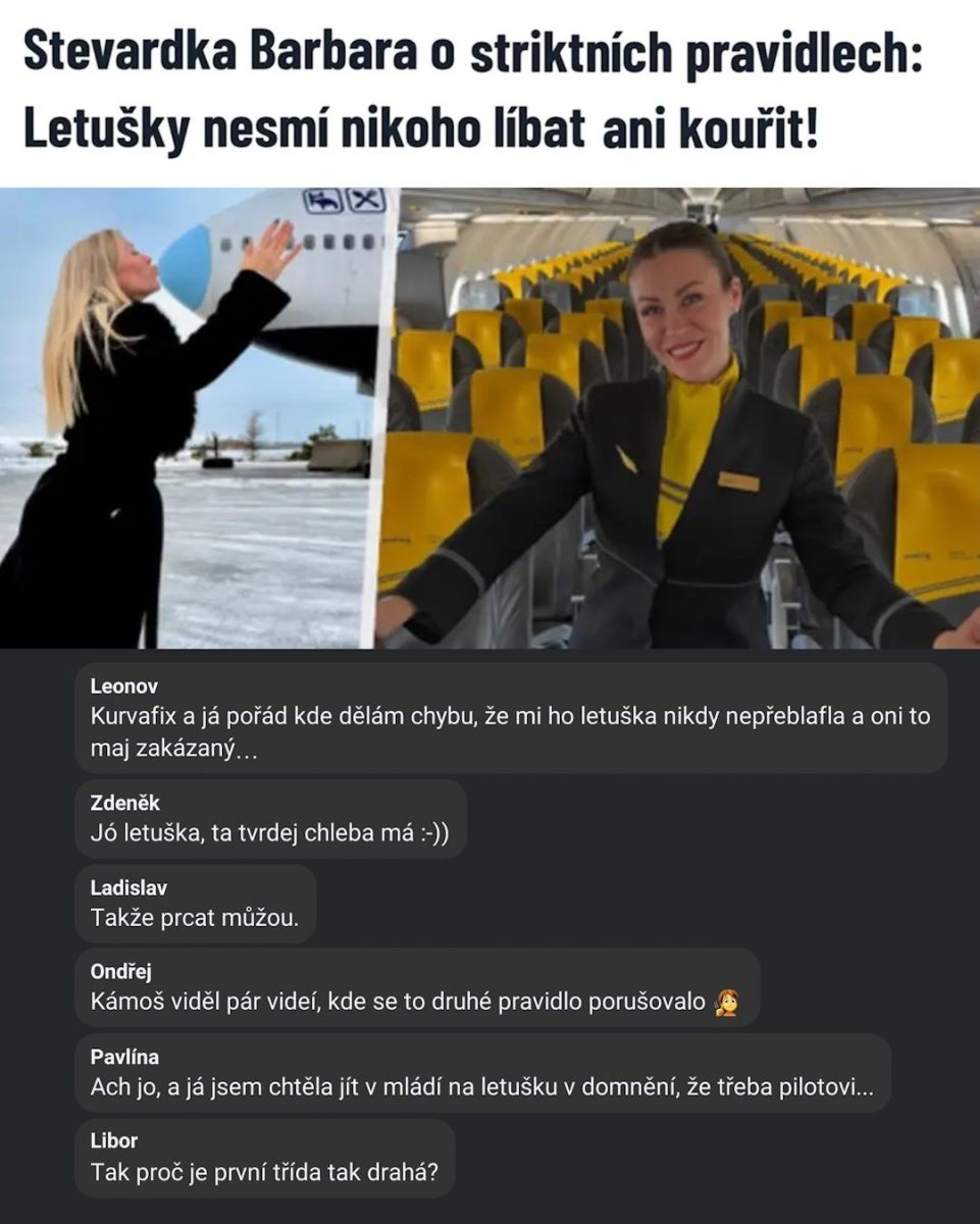 Stevardka Barbara diskutuje o prísnych pravidlách letušiek: žiadne bozky ani fajčenie na palube lietadla.