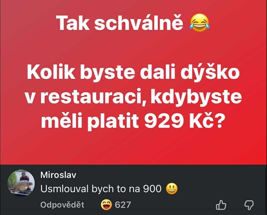 Otázka: Koľko by ste dali sprepitné z 929 Kč v reštaurácii? Odpoveď: Vyjednával by som na 900 Kč.