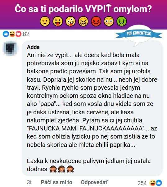 Vtipný text o omyle s čili paprikou namiesto škorice a reakcii dieťaťa.