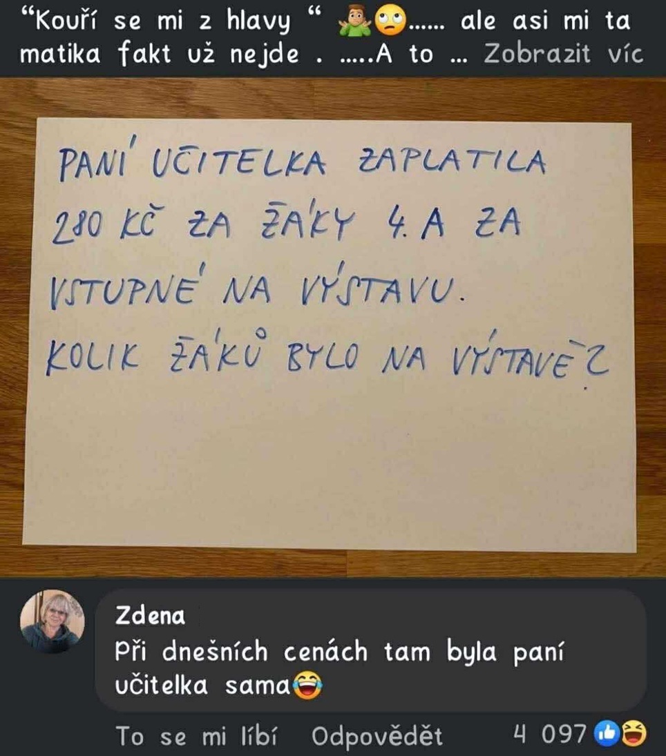 Úloha matematiky: Učiteľka zaplatila 280 Kč za žiakov na výstavu. Koľko žiakov bolo prítomných?