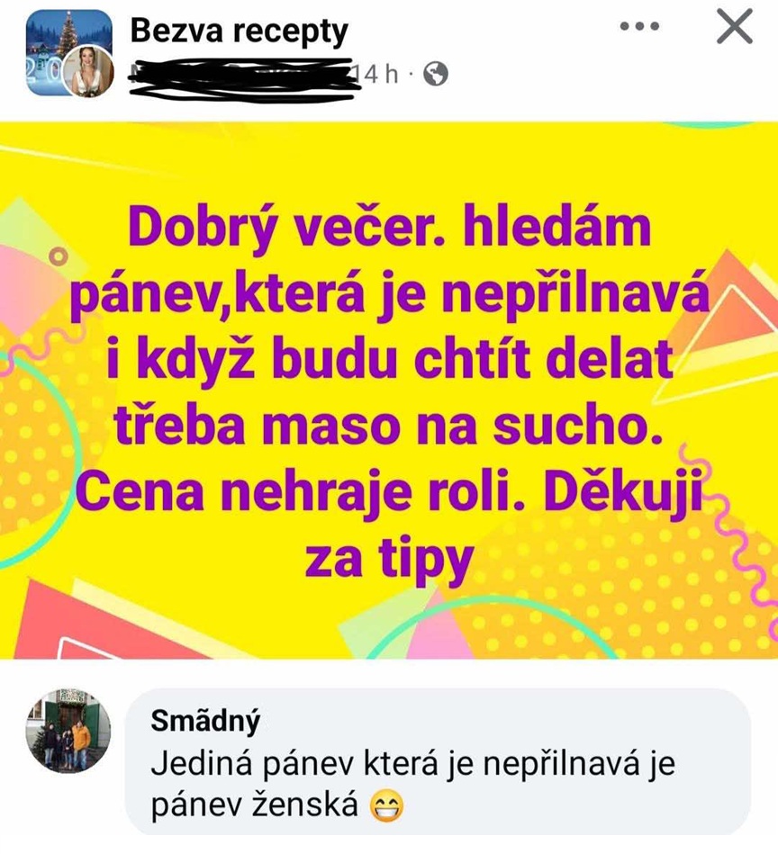 Osoba hľadá neprilnavú panvicu na suché varenie mäsa, cena nerozhoduje. Komentár pripomína, že len ženská panvica neprilieha.