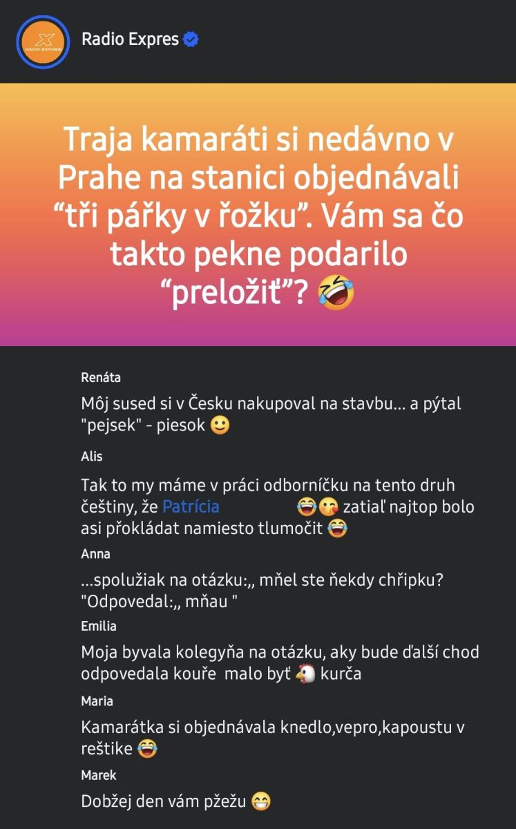 Textový zábavný príspevok o slovenských prekladoch v Prahe so zážitkami ľudí a vtipnými omylmi.