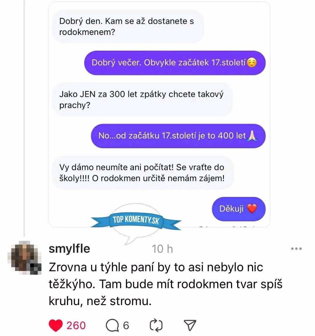Konverzácia o účtovaní za rodokmeň s chybným výpočtom rokov a kritickou reakciou.