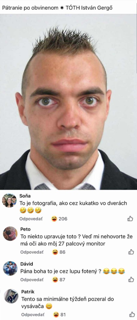 Osoba s vážnym výrazom na fotke, pod ňou žartovné komentáre o úprave fotky a výraze tváre.