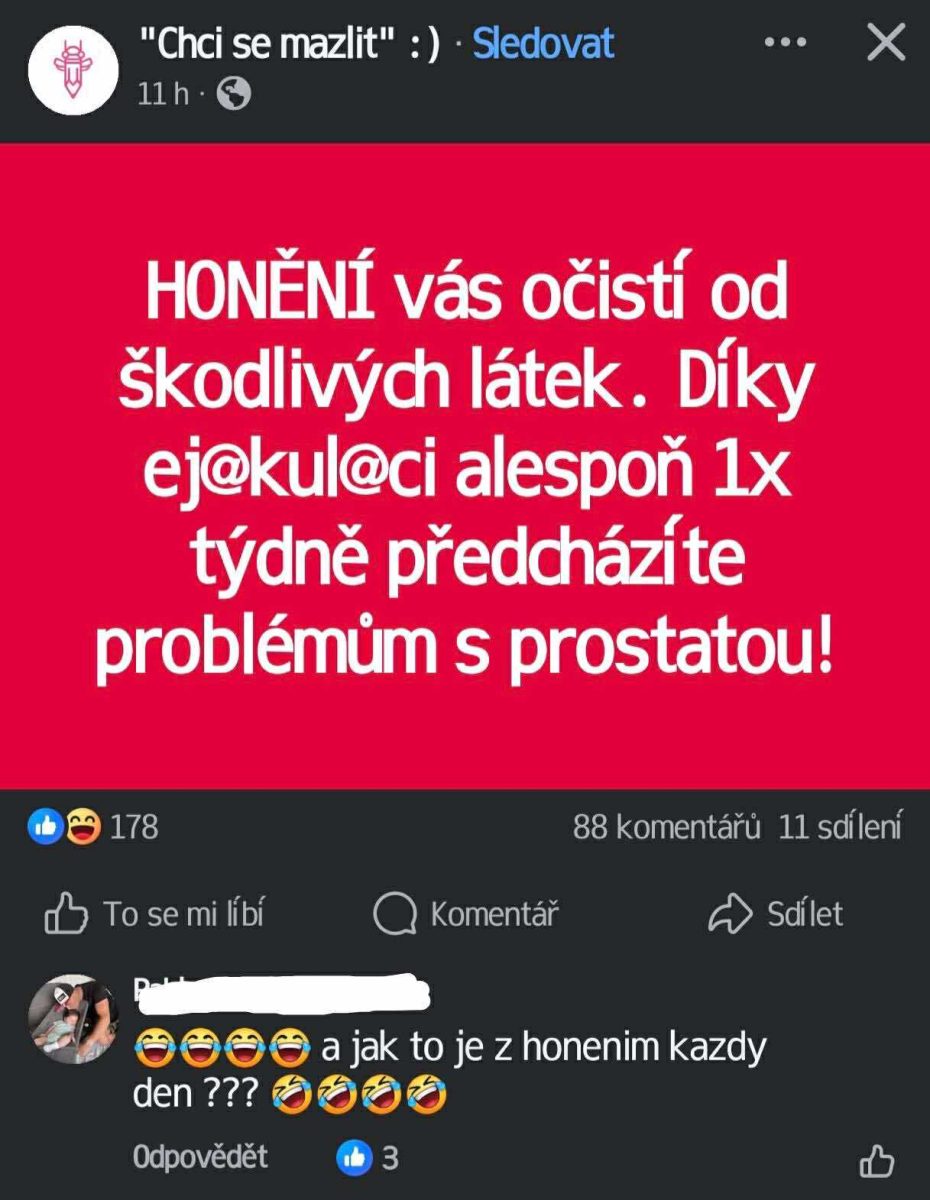 Neznámy príspevok na sociálnej sieti o údajných zdravotných výhodách pravidelného ejakulačného vyplavovania toxínov.