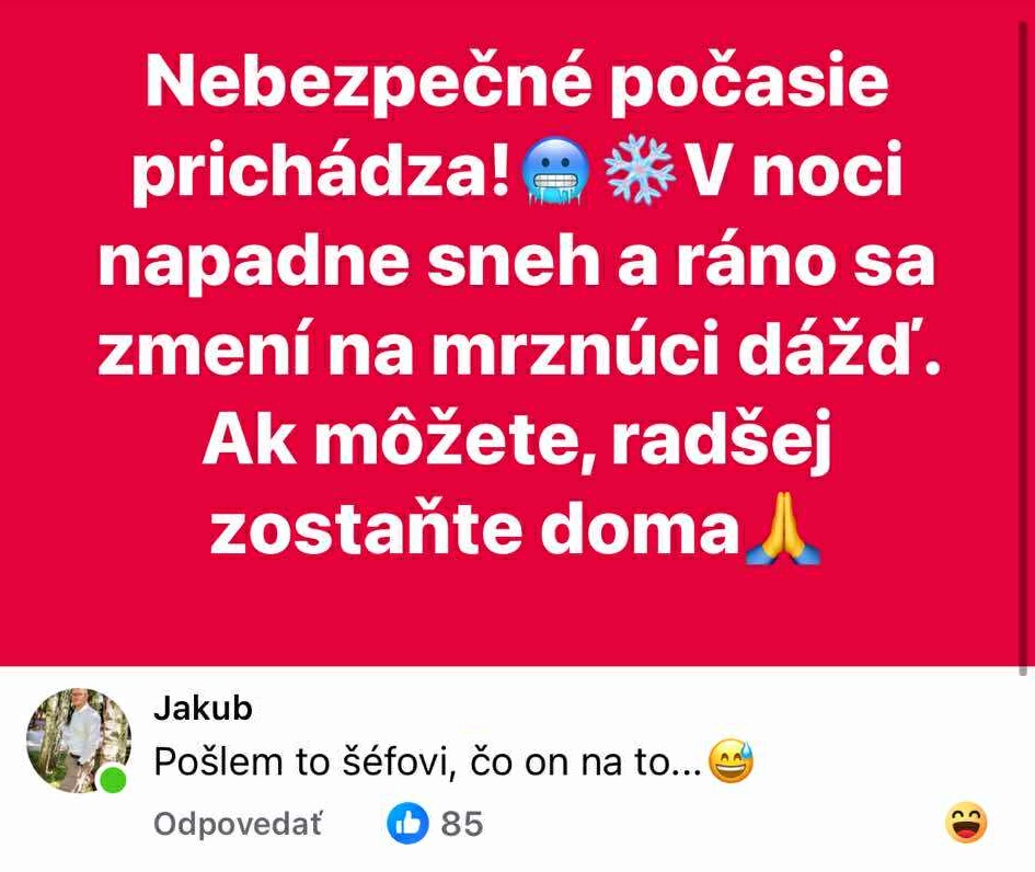 Nebezpečné počasie s mrznúcim dažďom, odporúča sa zostať doma.