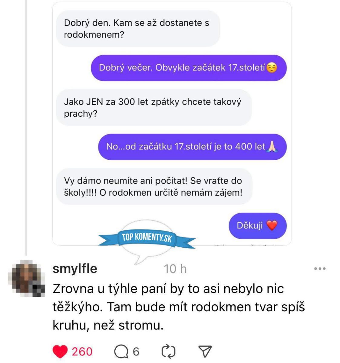 Konverzácia o rodokmeni, nedorozumenie v počtoch rokov, ironický komentár k rodokmeňu v tvare kruhu.