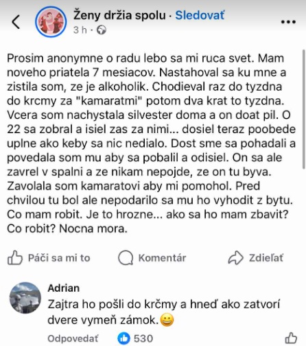 Žena žiada anonymnú radu na Facebooku o riešení problému s alkoholickým partnerom.