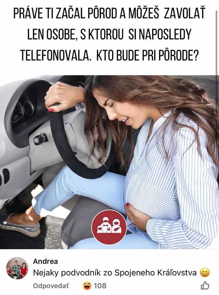 Žena v aute počas pôrodu s otázkou, kto na základe posledného hovoru bude pri pôrode.
