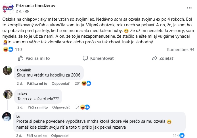 Diskusia o vzťahoch s bývalými partnermi, plná osobných názorov a humorných poznámok.