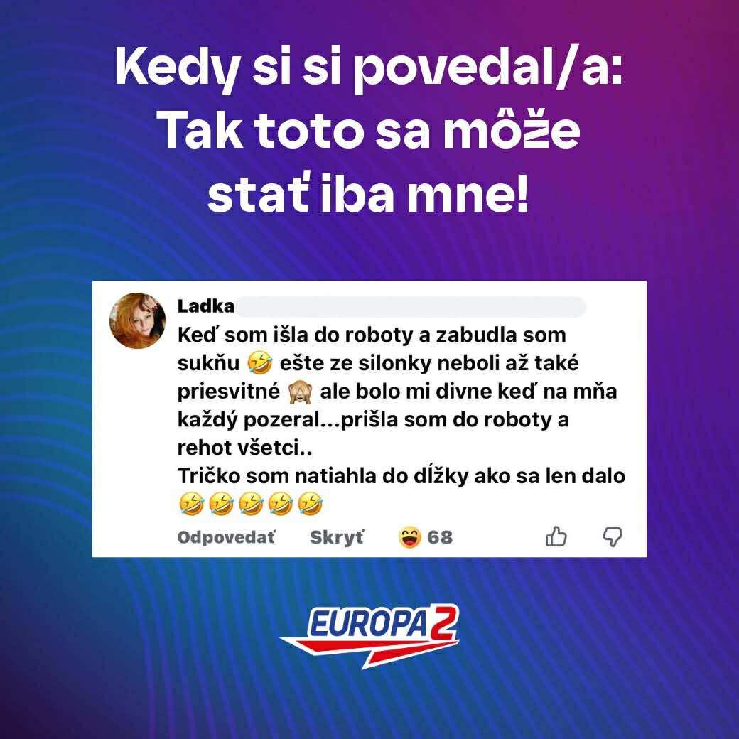 Vtipný príspevok z Facebooku o zabudnutej sukni pri ceste do práce, ktorý zdieľala Europa 2. Smiech a zábava zaručené!