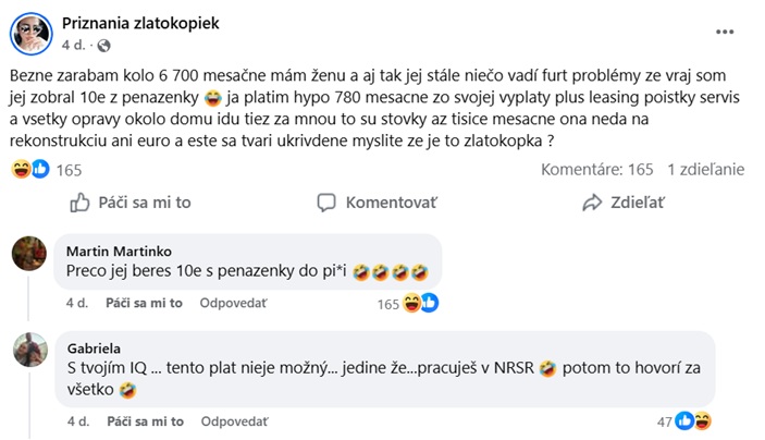 Diskusia o financiách: chlap hovorí o výdavkoch, žena je označovaná ako „zlatokopka“, vznikajú humorné reakcie.