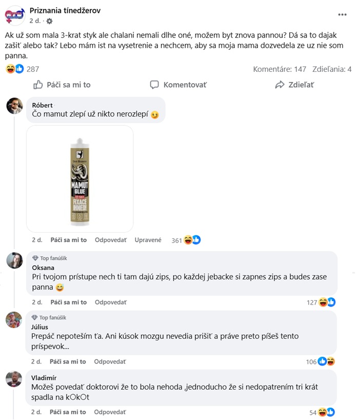 Snímka konverzácie mladých na sociálnej sieti s otázkou o opätovnom panenstve a vtipnými reakciami.