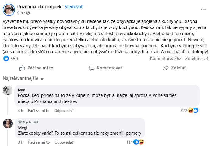 Rozhorčenie nad trendom spájania obývačky a kuchyne v novostavbách na Facebook príspevku.
