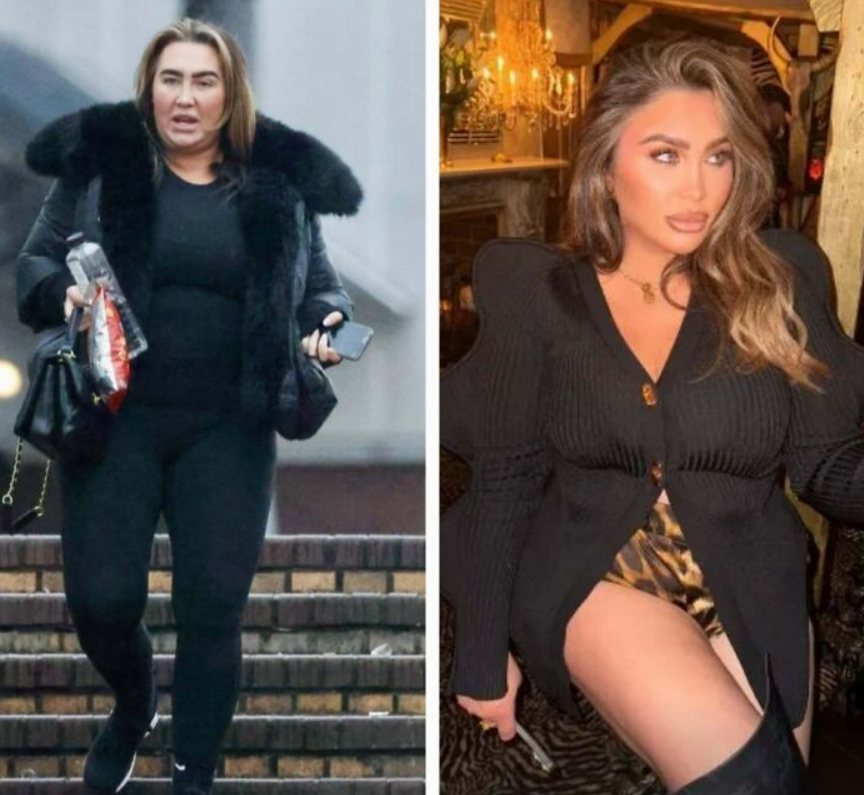 Obrázok ženy na schodoch v čiernom oblečení a iný pohľad v interiéri s elegantným outfitom.