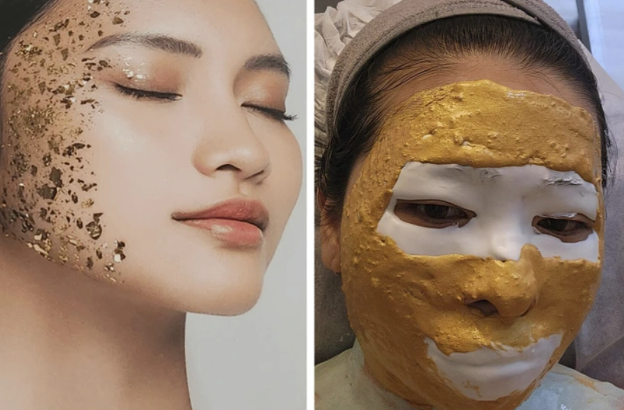 Žena s trblietavou a zlatou pleťovou maskou relaxuje v kozmetickom salóne, starostlivosť o pleť a luxusná krása.