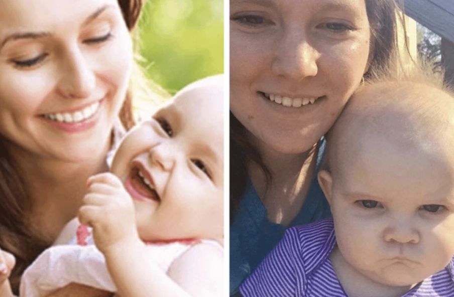 Niečo neobvyklé: veselá vs. zamračená mama s bábätkom v dvoch rôznych momentoch, zvýraznenie nálaďového rozdielu.