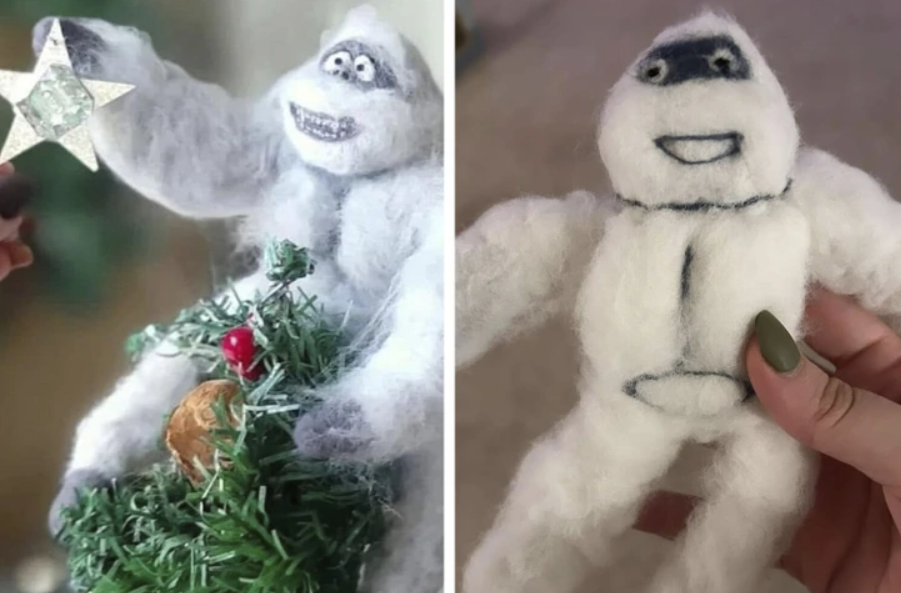 Vianočný yeti z plsti zdobiaci stromček s hviezdou, vedľa jednoduchého ručne vyrobeného yetiho z plsti.