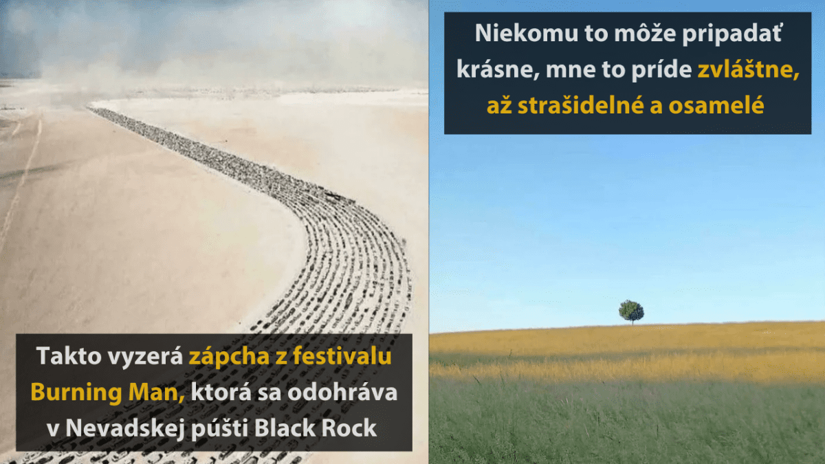 Zápcha na festivale Burning Man v púšti Black Rock, kontrastujúca s tichou krajinou s jediným stromom.
