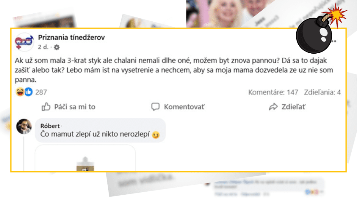 Konverzácia na Facebooku o obnovení panenstva s vtipným komentárom o nerozlepení.
