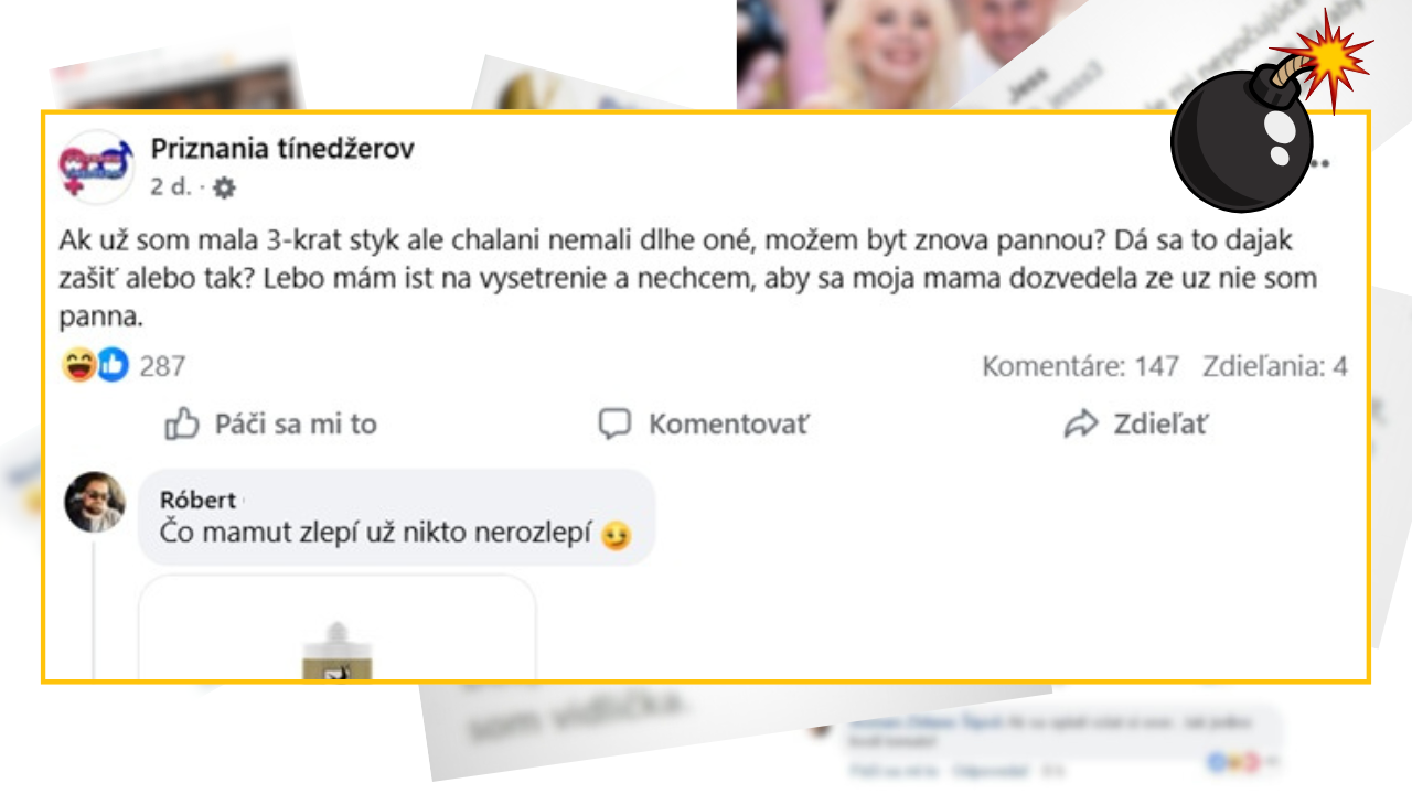 Konverzácia na Facebooku o obnovení panenstva s vtipným komentárom o nerozlepení.