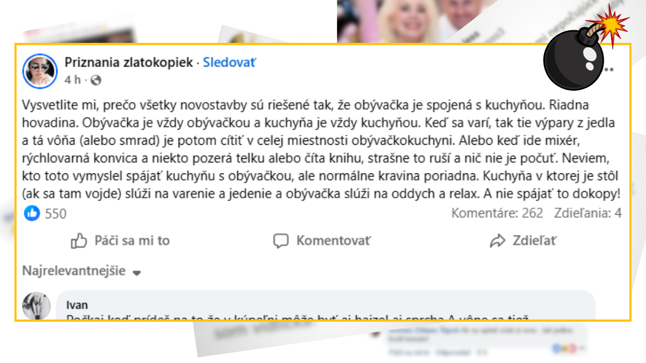 Sociálny príspevok kritizujúci trend spájania obývačky a kuchyne v novostavbách.