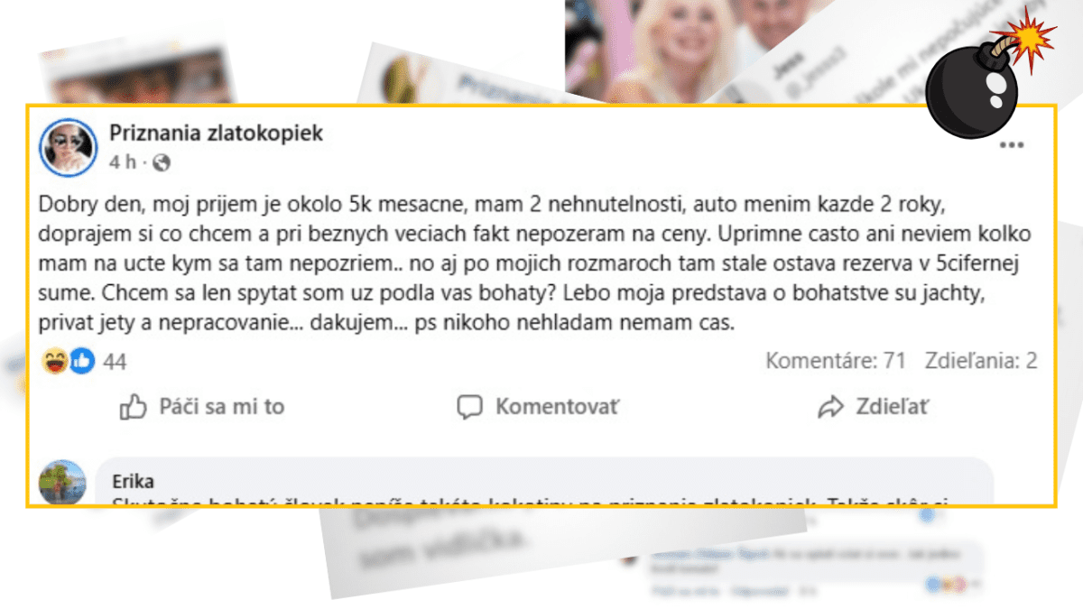Priznanie na sociálnej sieti o príjme, nehnuteľnostiach a bohatstve s otázkou, či je autor považovaný za bohatého.