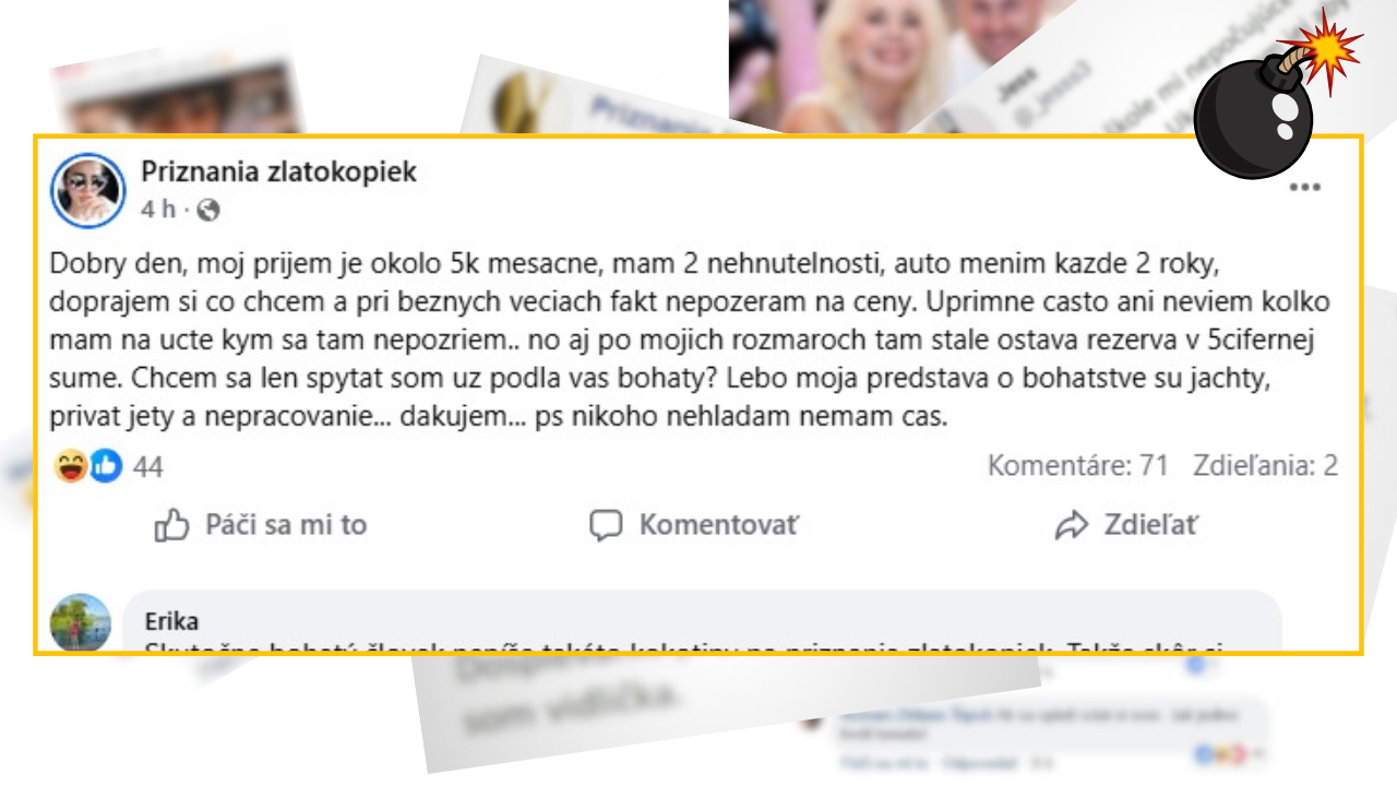 Priznanie na sociálnej sieti o príjme, nehnuteľnostiach a bohatstve s otázkou, či je autor považovaný za bohatého.