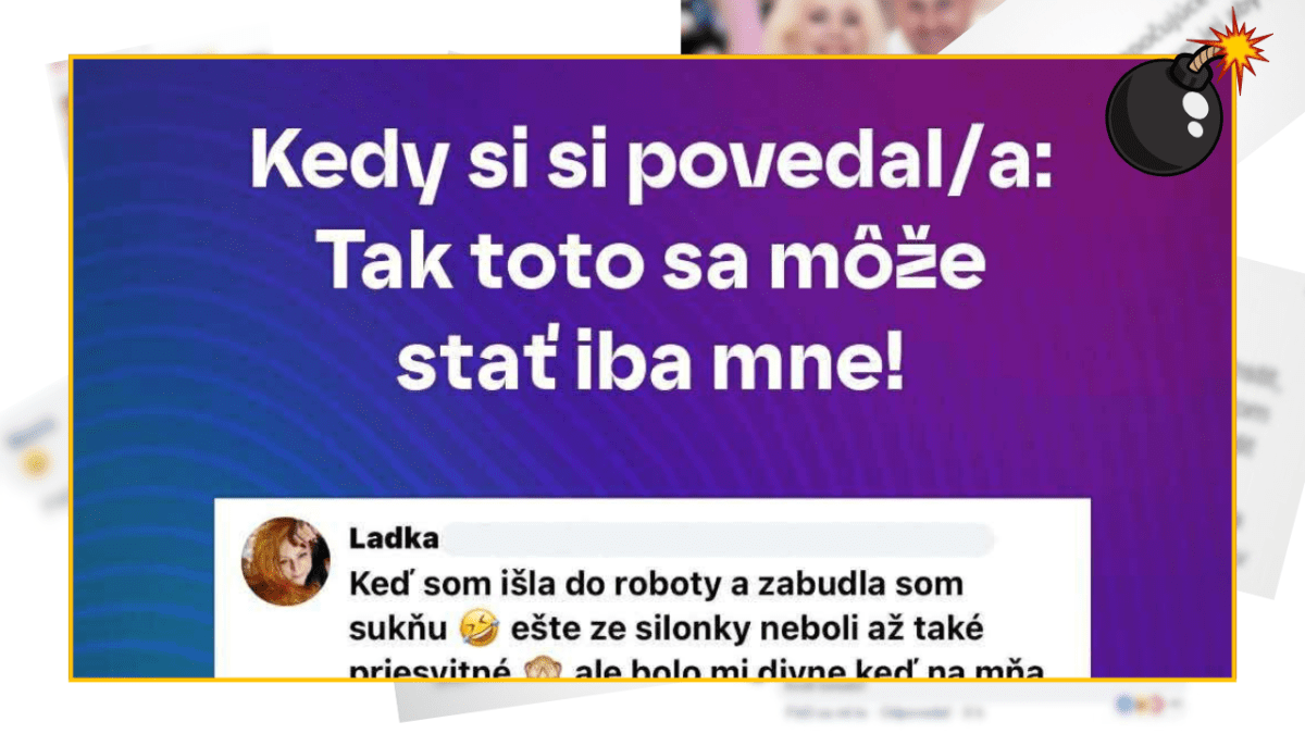 Moment hrubého trapasu s textom: Tak toto sa môže stať iba mne! na fialovom pozadí.