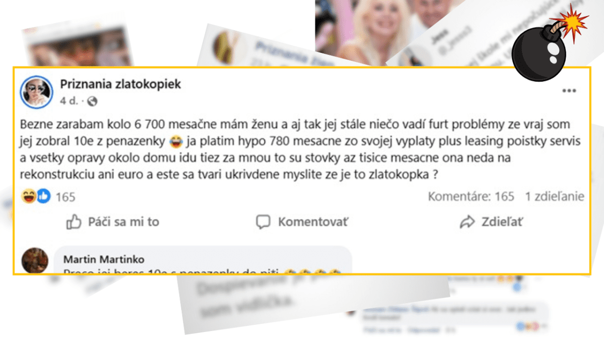 Príspevok na Facebooku o financovaní domácnosti a nespokojnosti s partnerkou. Reakcie a otázka o zlatokopectve.