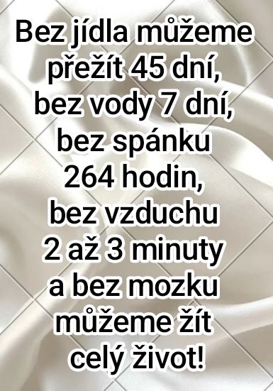 Vtipný citát o prežití bez potravy, vody, spánku, vzduchu a mozgu s iróniou bieleho pozadia.