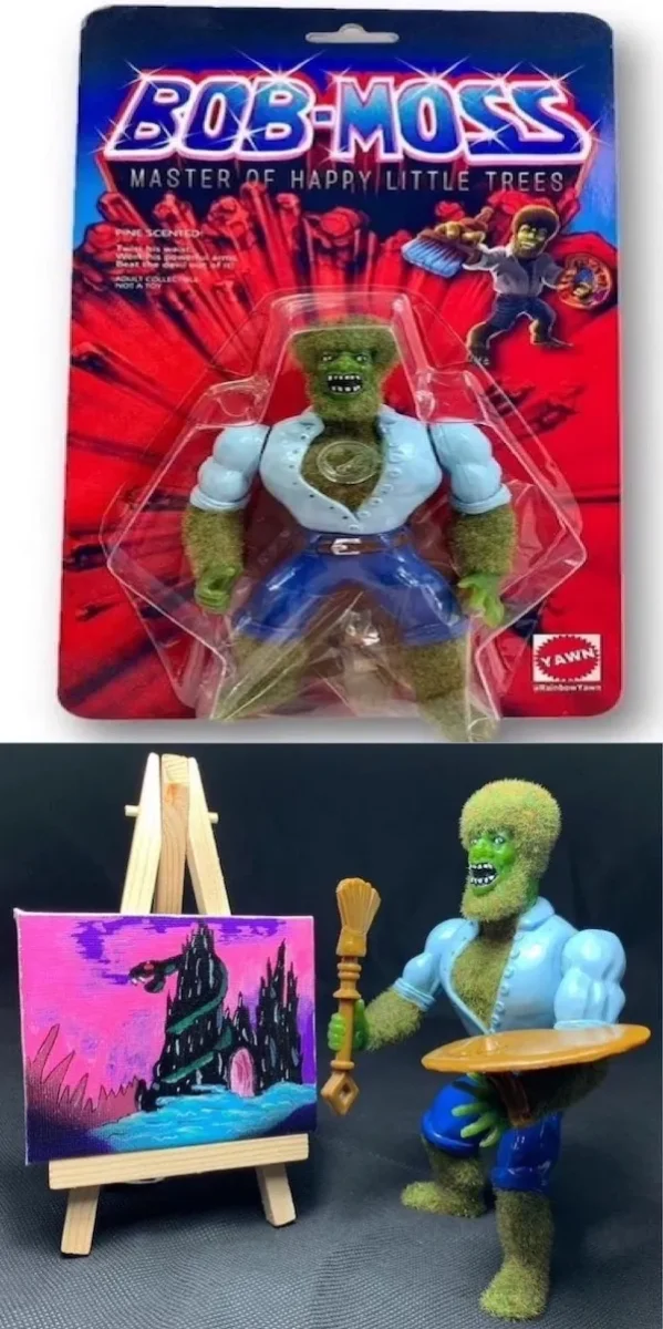 Zberateľská figúrka Bob-Moss maľuje tajomný hrad na plátne; unikátny dizajn a fantázia.