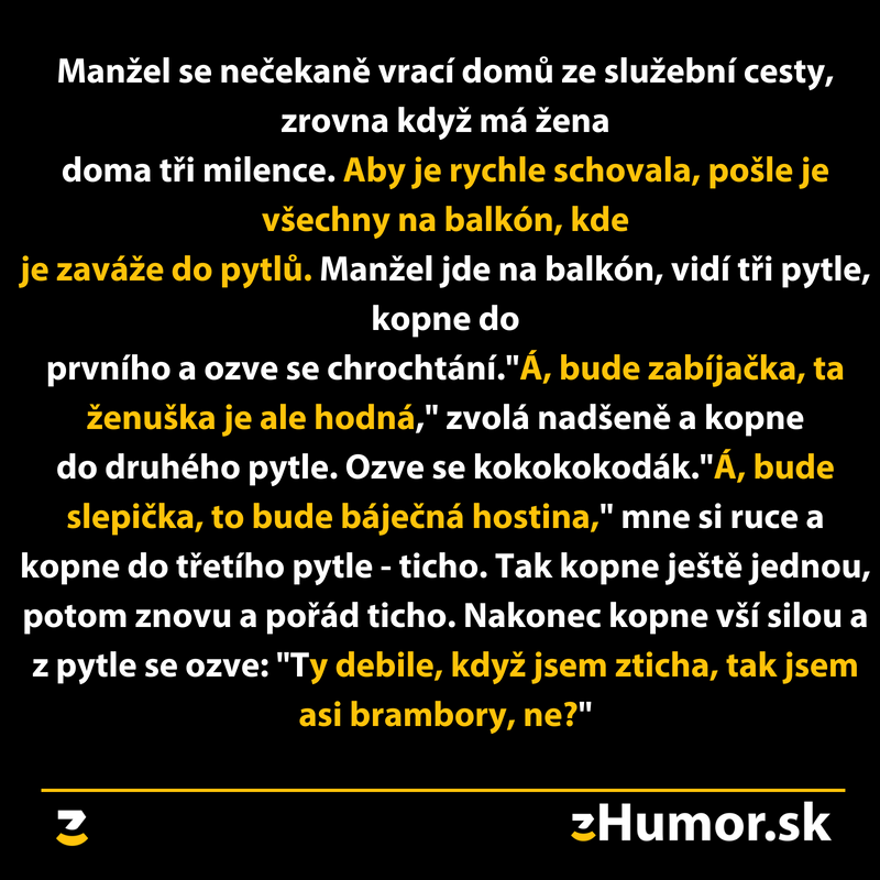Manžel príde domov nečakane, žena skryje troch milencov do vriec na balkóne, vtipný opačný efekt - zHumor.sk.