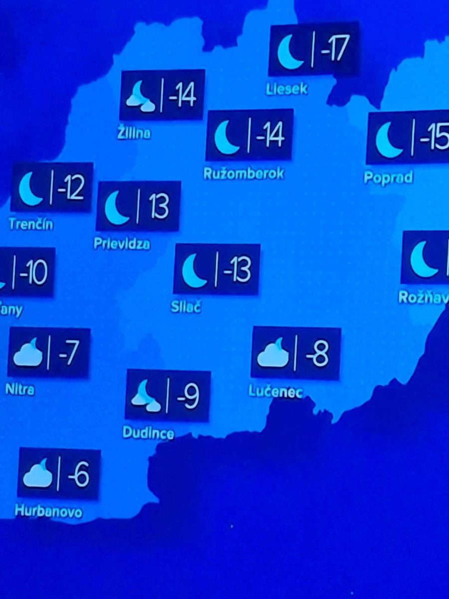 Teploty na Slovensku: Trenčín -12°C, Žilina -14°C, Poprad -15°C, Lučenec -8°C. Počasie oblačné s nízkymi teplotami.
