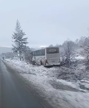 Autobus mimo cesty v zasneženej krajine; zimná nehoda na mokrej vozovke.