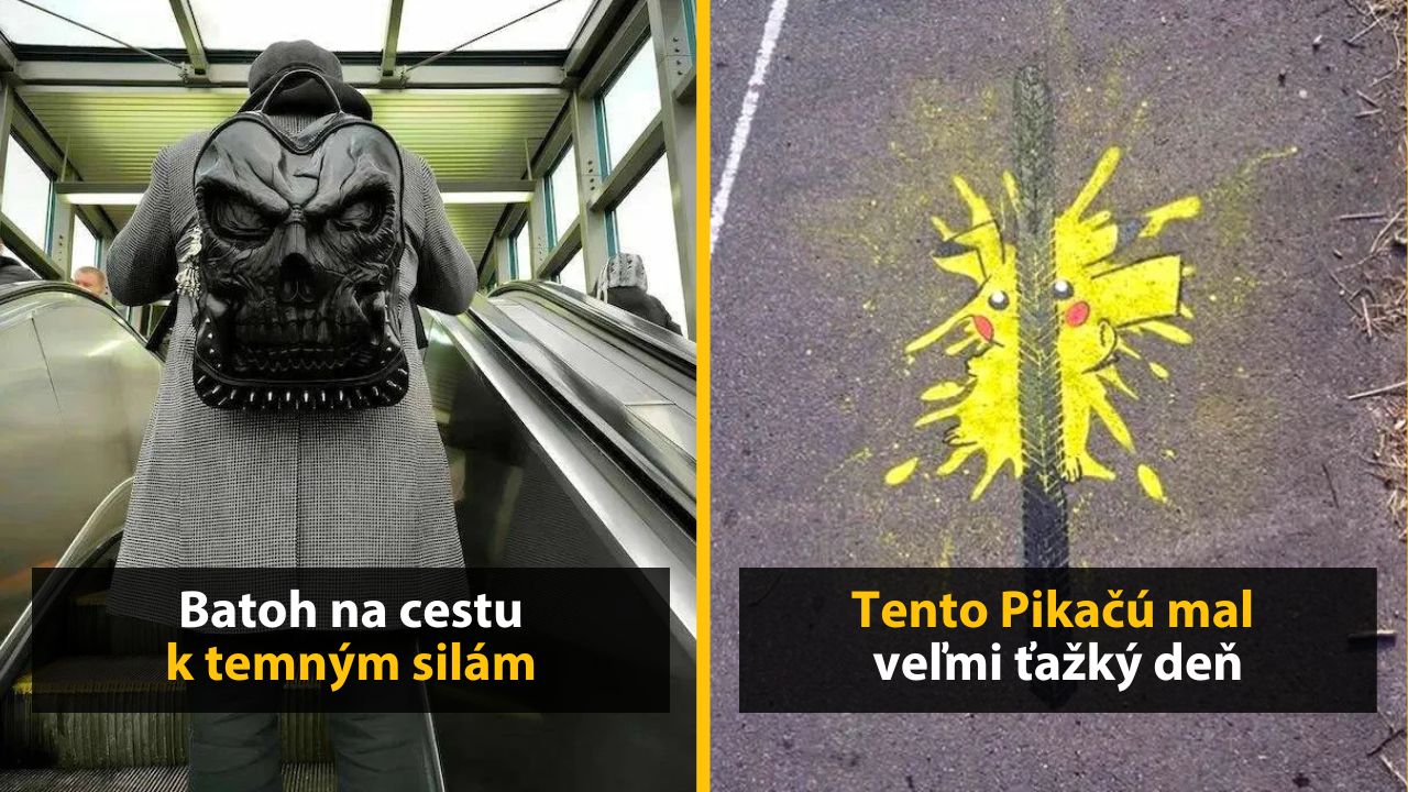 Osoba s temným batohom na eskalátore a kreslený znak Pikachu rozdelený pneumatikou na ceste.