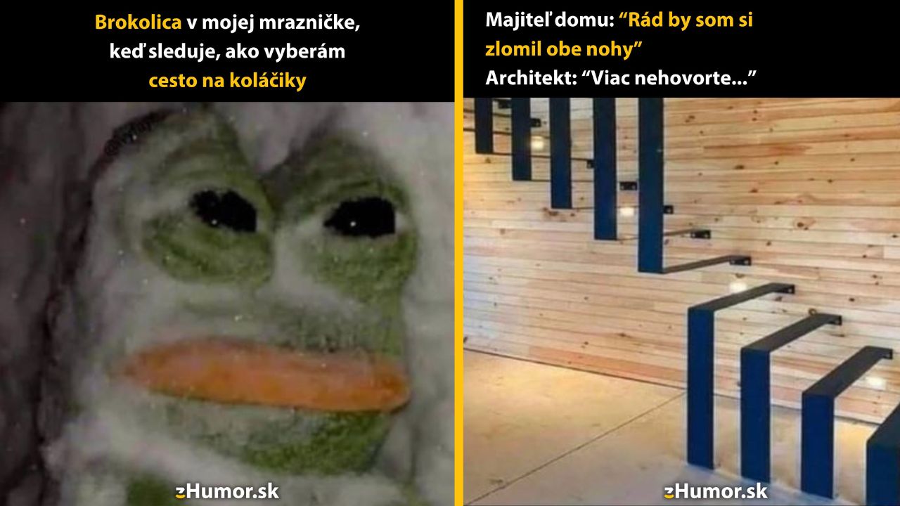 Mraznička s tvárou brokolice a neobvyklé moderné schody vtipne ilustrujú nezvyčajné interiérové výzvy.